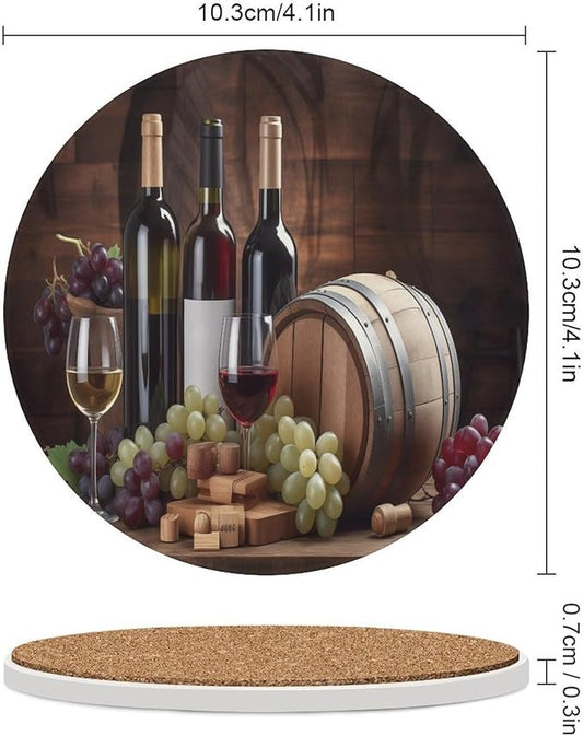 Red Wine Drink Coasters, Round Ceramic Drink Coaster Round-6PCS, Vintage Wood Style Red Wine Fruit Grapes Fruit Barware Decor Absorbent Ceramic Coasters for Beverage Cup, Bar, Coffee Table