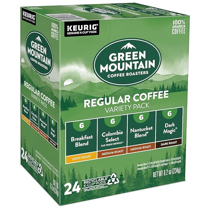 Green Mountain Coffee Variety Pack, K-Cup Pods, 24 Count, Breakfast Blend, Vermont Country Blend, French Roast, Dark Magic
