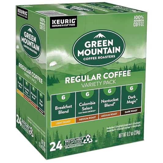 Green Mountain Coffee Variety Pack, K-Cup Pods, 24 Count, Breakfast Blend, Vermont Country Blend, French Roast, Dark Magic