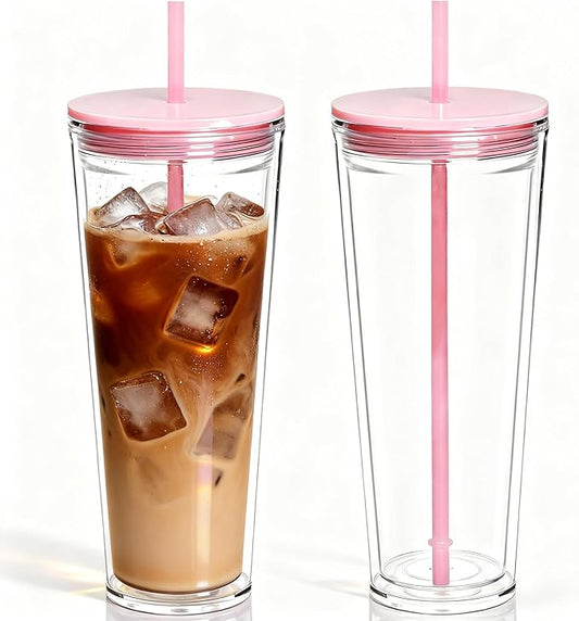 24oz Tumbler with Lid and Straw, Leak Proof and Double Wall Insulated Reusable Plastic Cups,Travel Reusable Iced Coffee Cup (2, Pink)