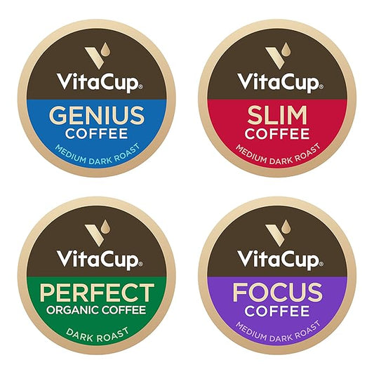 VitaCup Coffee Pods 40ct, 4 Unique Wellness Blends with MCT Oil, Garcinia Cambogia, Lion’s Mane, Chaga & Low-Acid Organic Dark Roast – Full-Bodied Arabica Coffee Pods for Energy, Focus, Immunity & Daily Vitamins