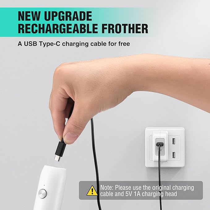HAUSHOF Powerful Rechargeable Milk Frother Wand, Handheld Electric Foam Maker, Drink Mixer with Detachable Stainless Steel Whisk for Coffee Latte, Cappuccino, Matcha, No Stand, White