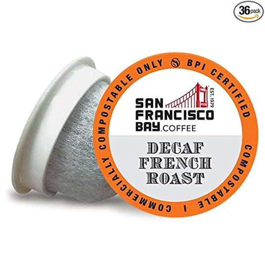 San Francisco Bay Compostable Coffee Pods - DECAF French Roast (36 Ct) K Cup Compatible including Keurig 2.0, Dark Roast, Swiss Water Processed