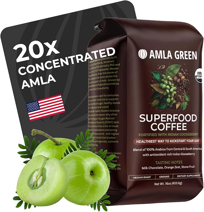 Amla Green Organic Ground Superfood Coffee, Medium Roast Gourmet Coffee with Antioxidant Rich Indian Gooseberry, 100% Arabica Special with Amla Benefits, 16 Oz