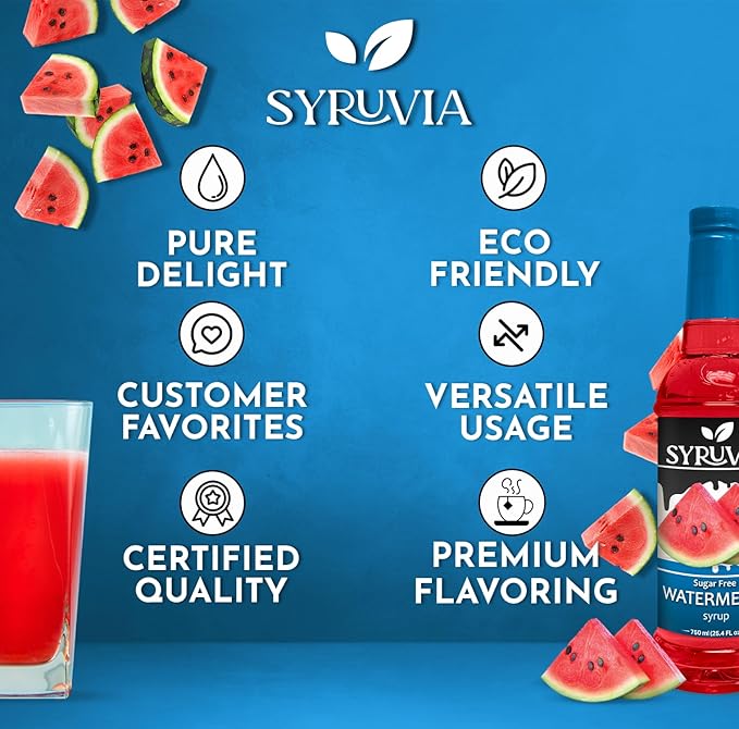 Syruvia Sugar-Free Watermelon Syrup, Flavored Syrup for Drinks, Cocktails, Lemonades, Iced Teas, and Desserts – 25.4 fl oz, With Pump
