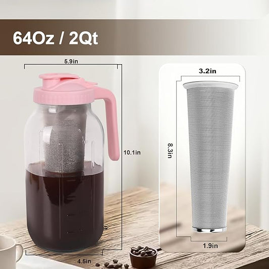 Cold Brew Coffee Maker - 64 Oz Heavy-Duty Glass Mason Jar Pitcher with Stainless Steel Filter, Leak-Proof Lid, Ergonomic Handle & Precision Pour Spout – Ideal for Iced Coffee, Tea, Cold Brew (Pink)