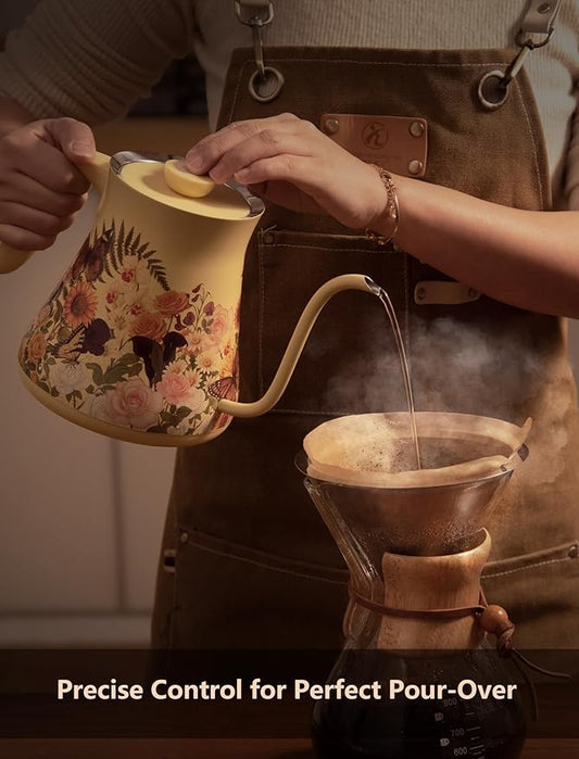 0.8L/27oz Gooseneck Electric Kettle - ±1℉ Precise Temperature Control for Pour Over Coffee & Tea, 1200W Fast Heating, Auto Shut-Off, Built-in Brew Timer, BPA-Free Stainless Steel, Floral