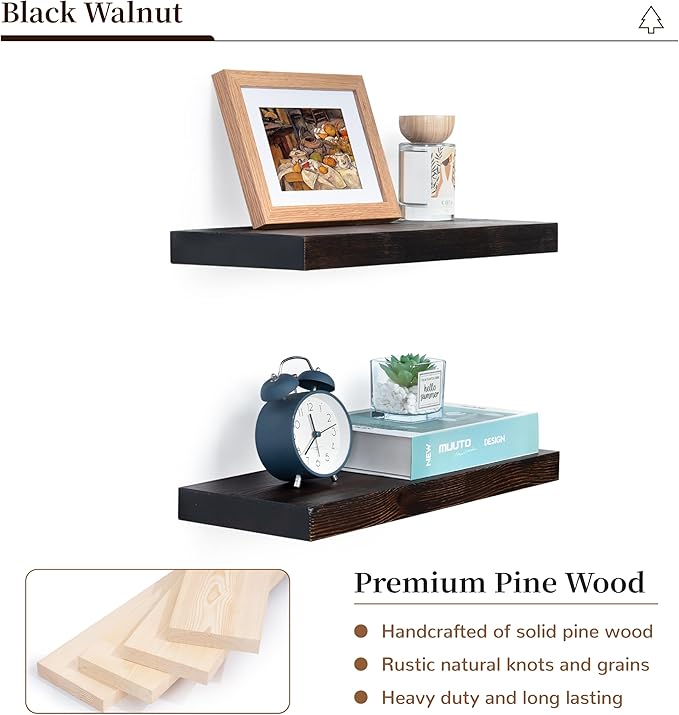 Marsmiles Wood Floating Shelves | Rustic Dark Wood Wall Shelves Set of 2 | 16" W x 6.7" D Wooden Floating Shelves for Bathroom Kitchen Living Room Bedroom