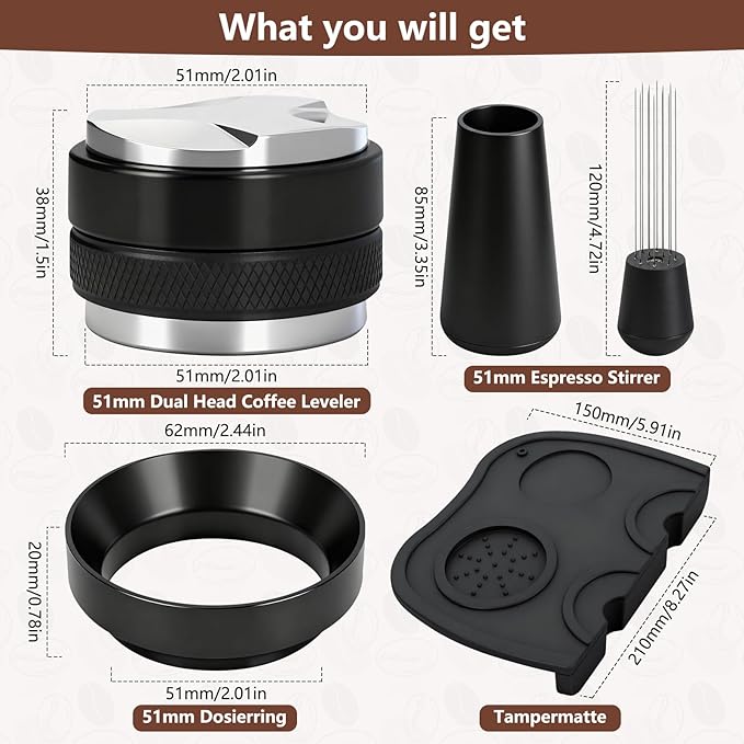 Y-Step 51mm Espresso Accessories Kit, Dual Head Coffee Distributor Espresso Leveler, WDT Tool Needle Espresso Stirrer, Dosing Funnel, Tamping Mat, Barista Tools Coffee Tamper Set for 51 mm Portafilter