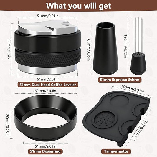 Y-Step 51mm Espresso Accessories Kit, Dual Head Coffee Distributor Espresso Leveler, WDT Tool Needle Espresso Stirrer, Dosing Funnel, Tamping Mat, Barista Tools Coffee Tamper Set for 51 mm Portafilter