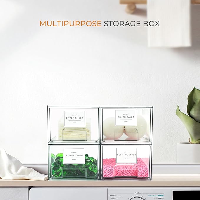2 Pack Laundry Room Organization Storage Drawers with Labels, Clear Stackable Dryer Sheet Holder and Pod Containers, Detergent Dispenser for Laundry Room Organizing and Decor