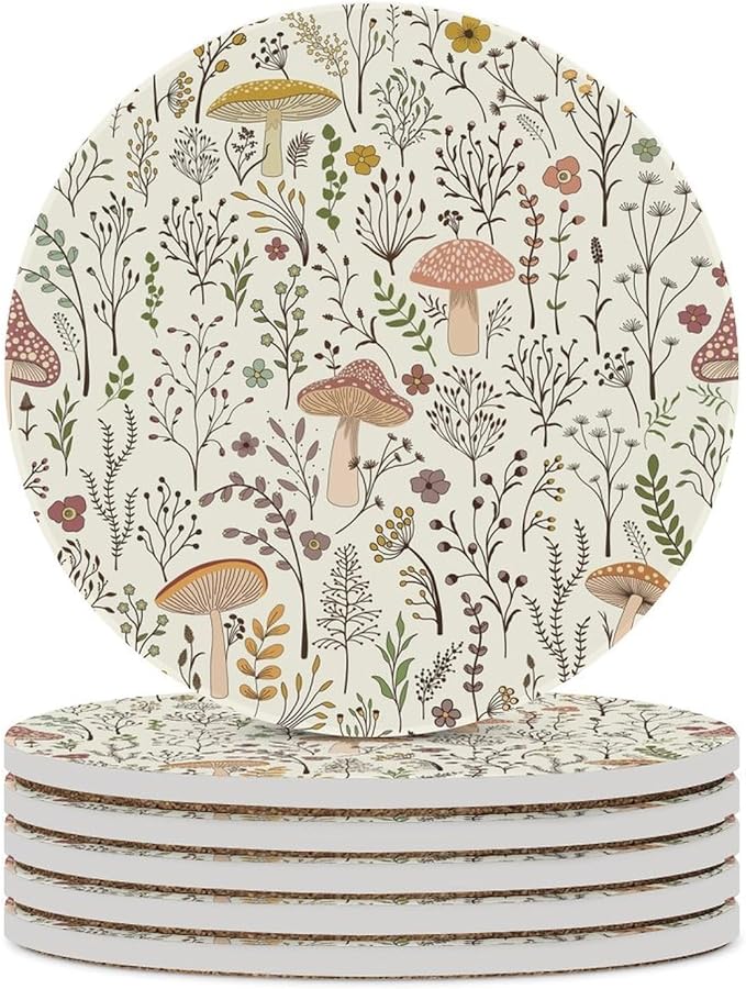 Round-6PCS Botanical Drink Coasters, Round Modern Ceramic Absorbent Coasters, Colorful Mushroom Floral Green Leaves Boho Plants Botanical Decor Desk Coffee Table Coaster for Beverage Cup Tea Coasters