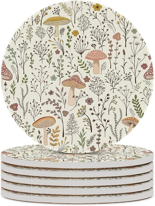 Round-6PCS Botanical Drink Coasters, Round Modern Ceramic Absorbent Coasters, Colorful Mushroom Floral Green Leaves Boho Plants Botanical Decor Desk Coffee Table Coaster for Beverage Cup Tea Coasters