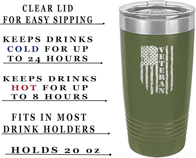 Rogue River Tactical USA Flag Veteran 20 Oz. Travel Tumbler Mug Cup w/Lid Vacuum Insulated Hot or Cold Military Vet Gift (Green)