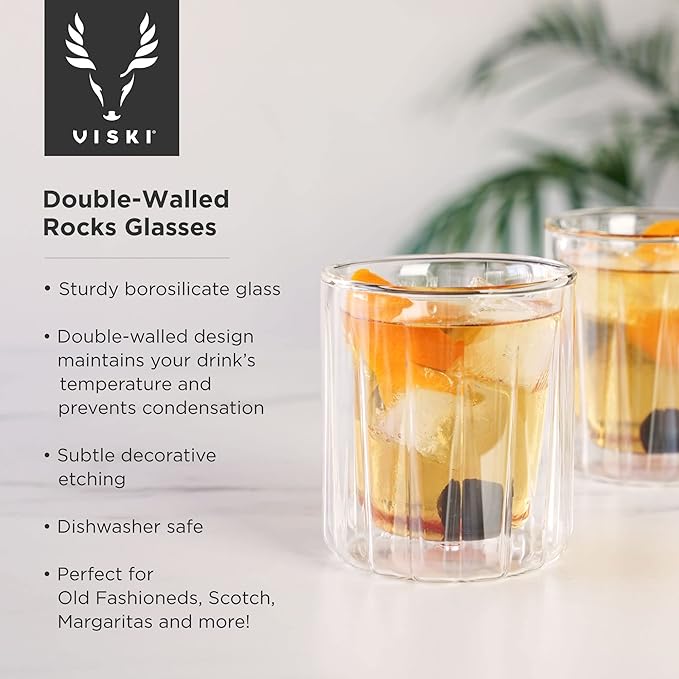 Viski Double Walled Rocks Glasses - Insulated Whiskey Tumblers with Cut Crystal Design - Dishwasher Safe 10.5oz Set of 2