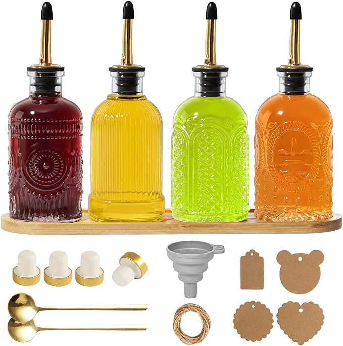 Coffee Syrup Dispenser for Coffee Bar, 4 Pack Glass Syrup Dispensers Bottles with Bamboo Tray, 7 Fl Oz Small Maple Syrup Container with Golden Spoon, Vintage Oil Dispenser for Kitchen