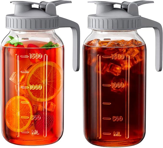OneDream 2 Pack Glass Pitcher with Lid, 64 oz Sun Tea Glass Jar for Outside, Large Mason Jar Wide Mouth, Iced Tea Pitcher for Cold Beverages, Breast Milk