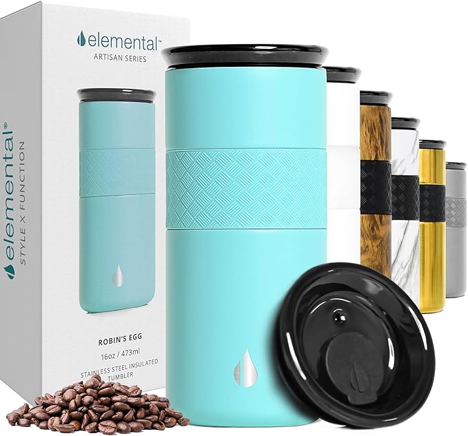Elemental Artisan Insulated Tumbler, Triple Wall Coffee Travel Mug, Reusable Stainless Steel Coffee Tumbler with Ceramic Lid, Thermal Coffee Cups for Hot (6 Hrs) & Cold (18 Hrs), 16oz - Robin's Egg