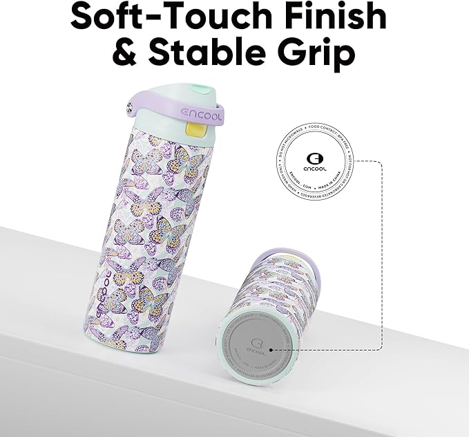 ENCOOL Leakproof Insulated Water Bottle with Straw Dual-Sip Water Bottle Bag-Safe Design for Work, Commute & Gym – Keeps Drinks Cold All Day, 24 oz, Mosaic Butterfly