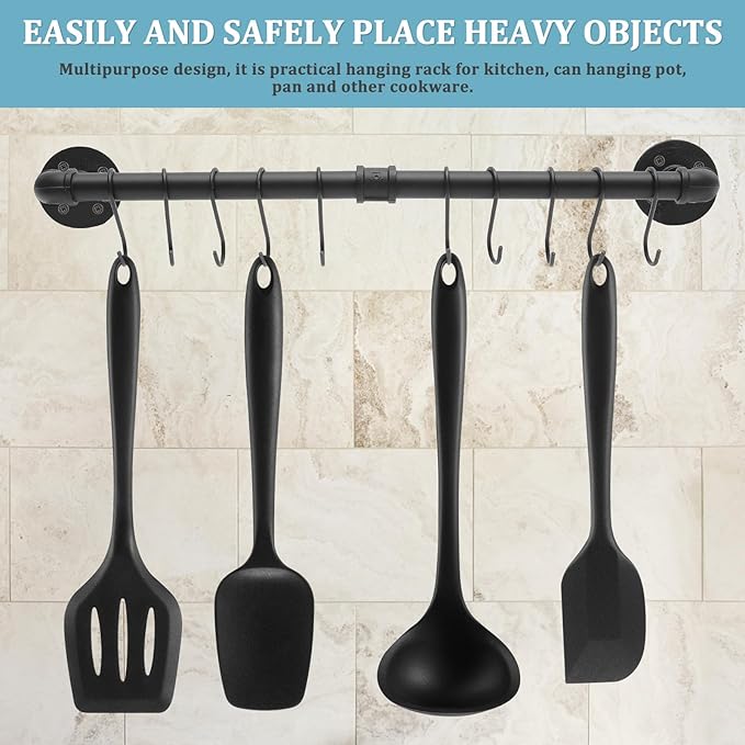 Wall-mounted Kitchen Pot Pan Rack with Hooks Industrial Hanging Utensil Holder Sturdy Space-saving Wall Rail Organizer for Cookware and Pots Easy to Install and Wear-resistant