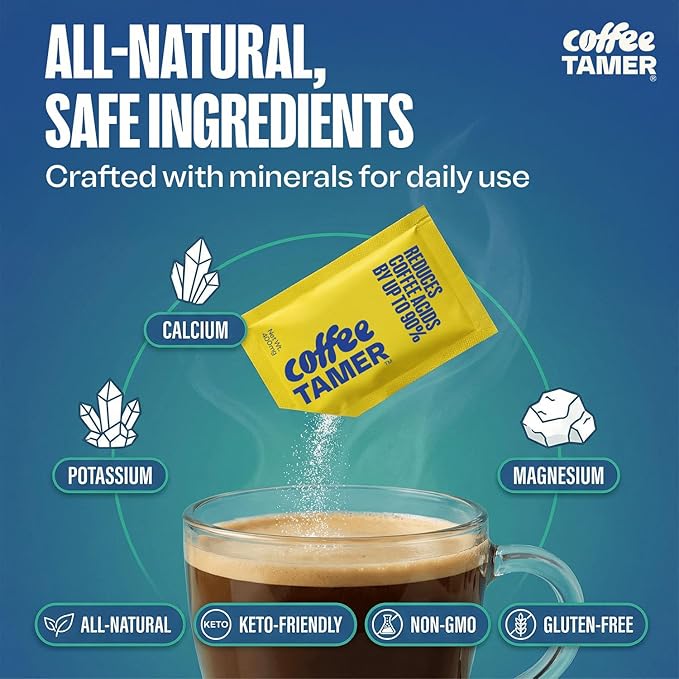 Coffee Tamer Acid Reducer Powder 50 Pack Box - All Natural Coffee Acid Reducer, Alkalizing Granules Reduce Acidity By 90%, Keto Friendly, Sugar-Free, Non-GMO, Preserves Original Flavor