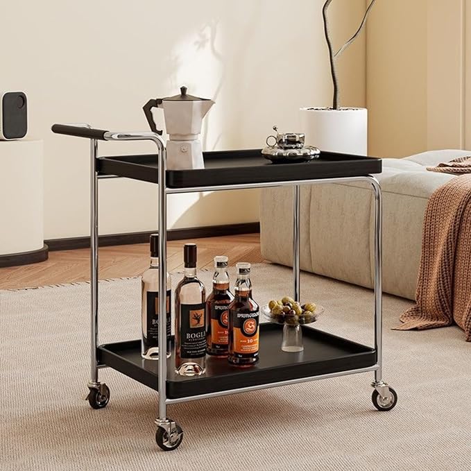 Mid Century Solid Wood Side Table,Rolling Cart,2 Tier Small End Table with Wheels,Mobile Side Table with Breathable Storage Basket,Suitable for Living Rooms,Kitchens,Bedrooms (Black A)