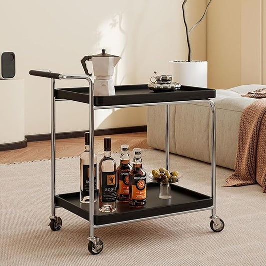 Mid Century Solid Wood Side Table,Rolling Cart,2 Tier Small End Table with Wheels,Mobile Side Table with Breathable Storage Basket,Suitable for Living Rooms,Kitchens,Bedrooms (Black A)