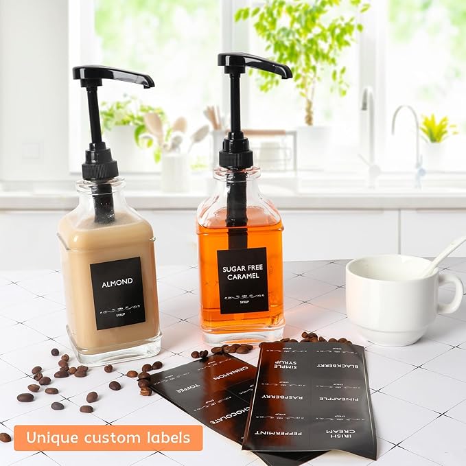 BIGIVACA 4 Pack Coffee Syrup Dispenser 16 oz,Clear Glass Syrup Bottle with 1/4oz Capacity Pump,Syrup Dispenser for Coffee Bar with Plastic Pump