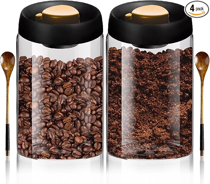 2PCS Vacuum Coffee Canisters with Airtight Lids and Wooden Spoons for Coffee, Borosilicate Glass Mason Jars Vacuum Sealer Kit, Grounds Coffee Bar Accessories for Tea, Beans, Spices, Sugar, 1200ml
