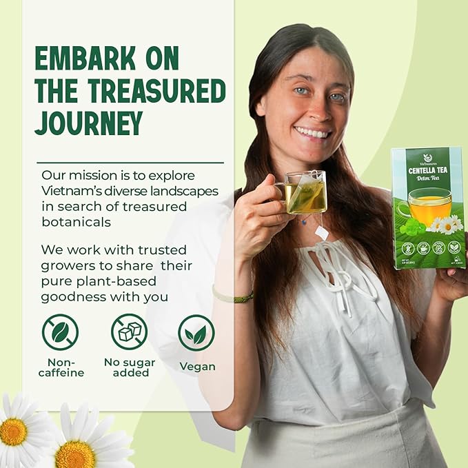 VieTreasures Centella Tea, 40 Tea Bags | Natural Centella & Chamomile. Caffeine-Free, Sugar-Free, Gluten-Free, Mild Sweet Herbal Infusion | Assist With Water Retention & Digestion| Detox Tea, 2.8oz