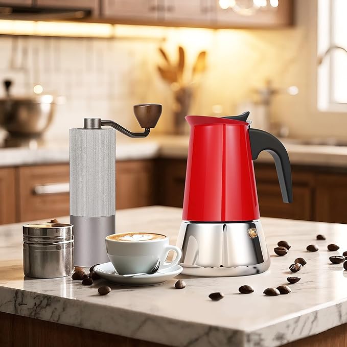Suiitat Moka Pot, 4 Cups (7.1 oz) Stovetop Espresso Maker, 304 Stainless Steel Moka Pot, Induction Compatible, Red
