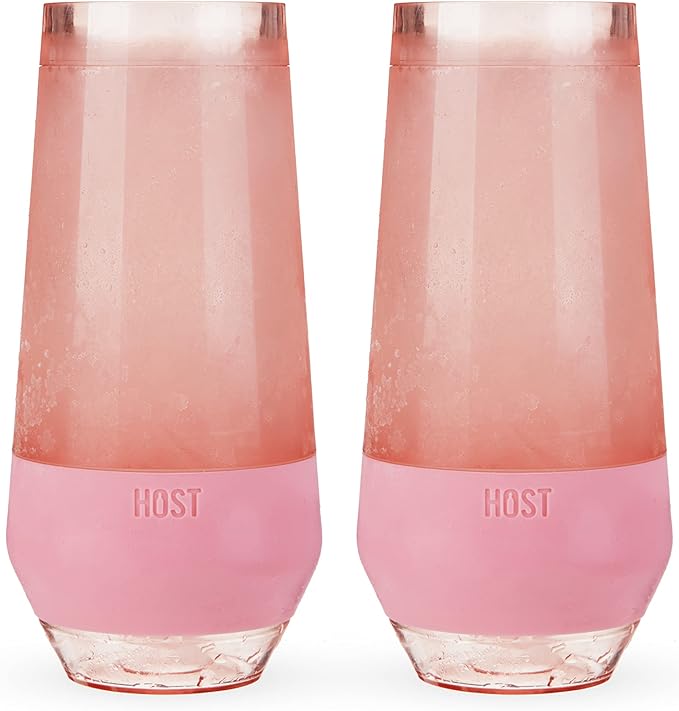 HOST Champagne Freeze Double-Walled Stemless Wine Glasses Freezer Cooling Cups with Active Cooling Gel and Insulated Silicone Grip, 9 Oz Plastic Tumblers, Blush Tint, Set of 2