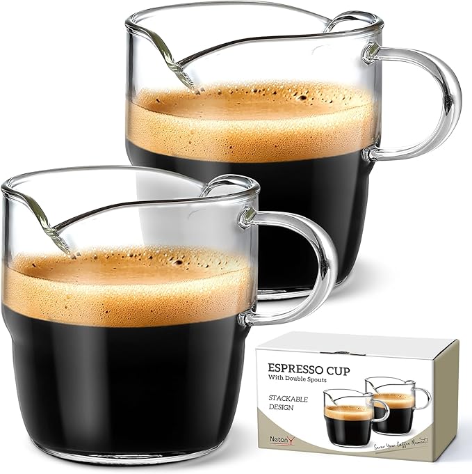 NETANY 6 OZ Espresso Cups Set of 2, Double Spouts Stackable Cups, Espresso Shots Glass Mugs with Handle, Machine Accessories for Coffee Bar, Cute Clear Glasses for Gift