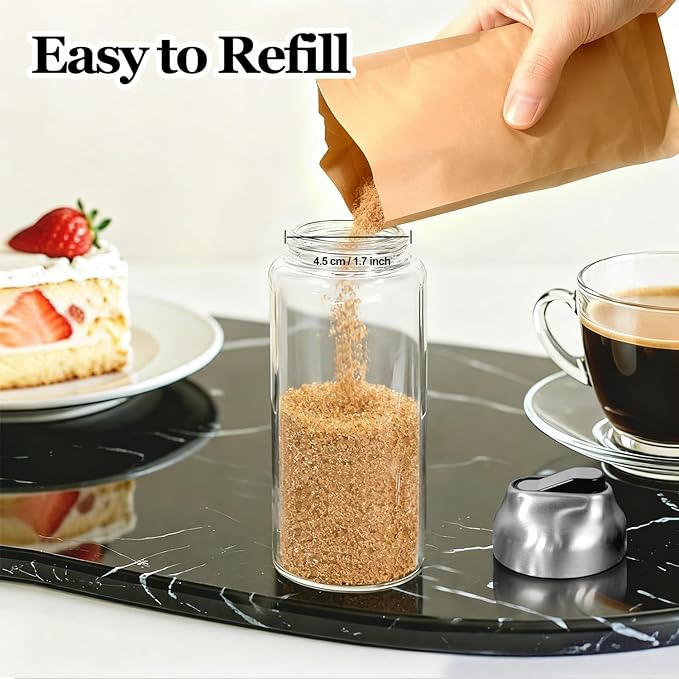 Large Sugar Dispenser Shaker Sets, 14 OZ Glass Sugar Container with Pour Spout for Coffee, Tea, Milk, 2 Pack