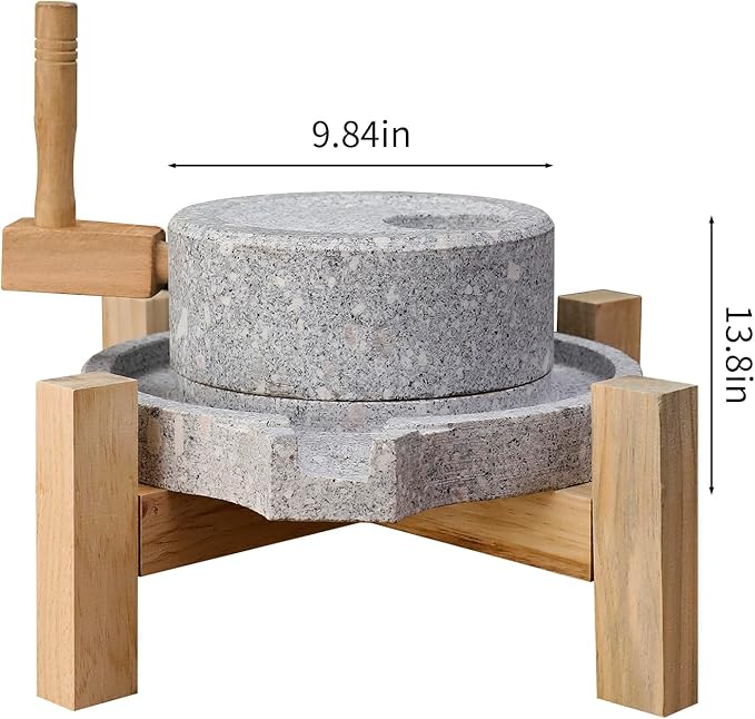 Artisanal Natural Stone Grain Mill (Solid Wood Base) - Household Grinder for Wheat/Spices & Coffee Beans, Ideal for Breads & Tortillas (9.84x13.8Inches)