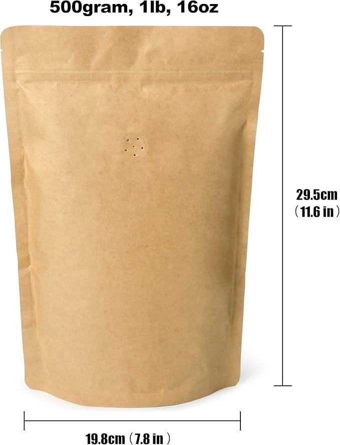 500g 16oz 1lb Kraft Paper Stand up Zipper Pouches Coffee Bags Coffee Pouches with Valve (Pack of 50)