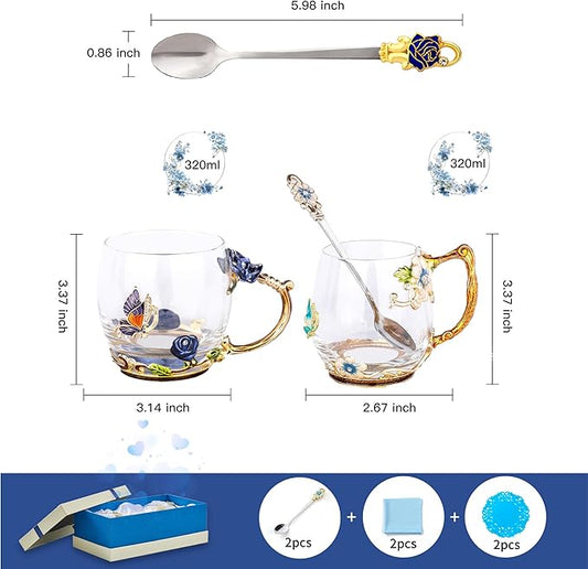 Tea Cup Glass Coffee Mugs,Fancy Tea Cup Set Birthday Christmas Valentine's Day Gift Idea for Tea Lover and Women Novelty Coffee Mugs Rose Flower Enamel Cup with Spoon (Blue rose & butterfly daisy cup)