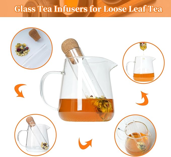 2 PCS Glass Tea Infusers for Loose Tea——Reusable Round filter holes Tea Glass Strainers with Cork Lid & Teaspoon & Cleaning Brus