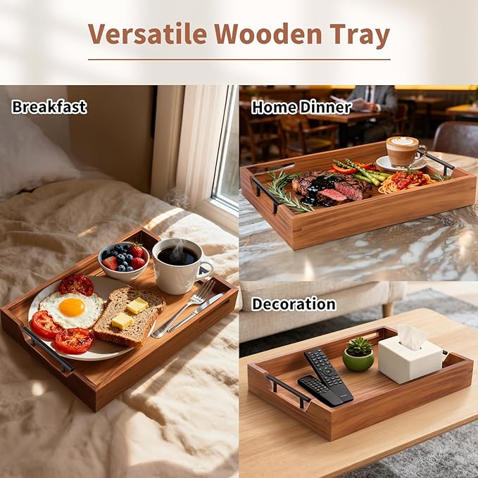 Wood Serving Tray with Handles, 17"x12" Rustic Wooden Trays Decorative Coffee Table Tray for Ottoman, Living Room Decor, Breakfast Food Trays in Bed, Kitchen Food Tray