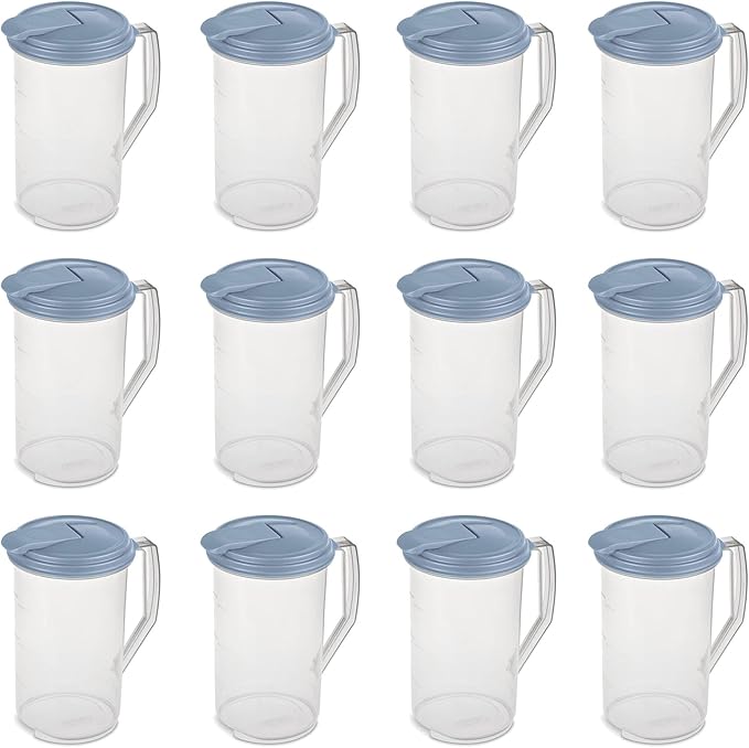 Sterilite 2 Quart Clear Round Plastic Pitcher, Dishwasher Proof with Blue Lid, Spout, and Handle for Easy Pouring, Washed Blue, 12-Pack