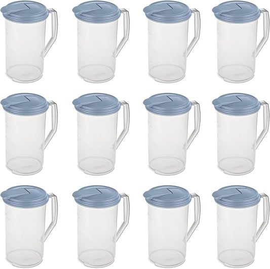 Sterilite 2 Quart Clear Round Plastic Pitcher, Dishwasher Proof with Blue Lid, Spout, and Handle for Easy Pouring, Washed Blue, 12-Pack
