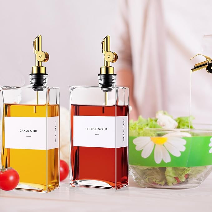 4 Pcs Olive Oil Dispenser for Kitchen, Glass Olive Bottles Oil Seasoning Bottle Set Coffee Syrup Soy Sauce Dispenser(Gold,500 ml)