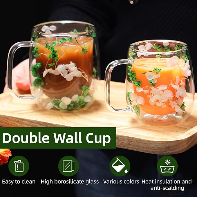 Dried Flowers Double Wall Insulated Coffee Mug, Borosilicate Glass Tea Cup with Real Flower Embedded, Heat Resistant Handle for Valentine's Day Birthday Gifts (green,13.19oz)