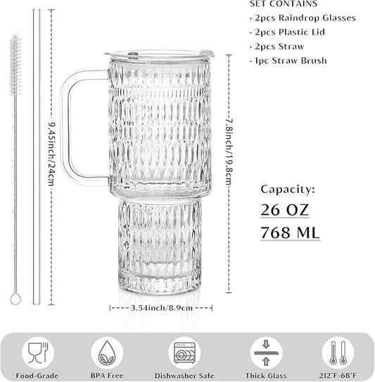 INSETLAN 26oz Raindrop Glass Tumbler with Handle and Lid, Set of 2 – Reusable Iced Coffee Cups with Lids, Clear Glass Cups with Straw for Coffee, Smoothies, Tea, Juice – Perfect for any Occasion