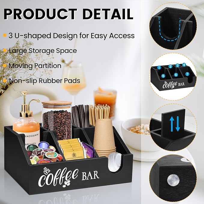 Rustic Coffee Bar Organizer - Wooden Coffee Pod Holder & Cup Storage Basket for Counter - K-Cup Sugar & Tea Condiment Organizer