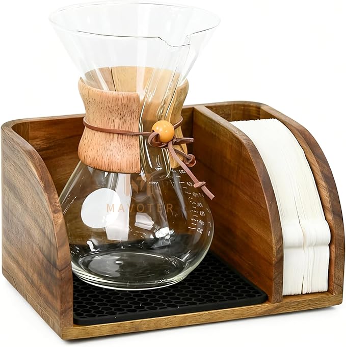 Acacia Coffee Bar Station Organizer Stand, Wooden Pour Over Maker Caddy Storage Organizers, Coffee Filter Holder for Countertop with Heatproof Mat (9.4*7*5.1 inch) Glass Cofee Maker not included