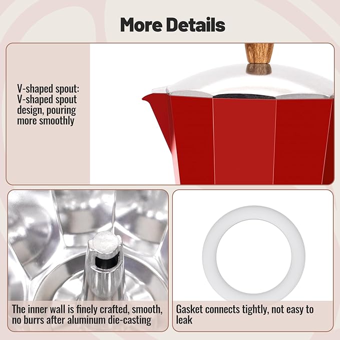 Vaolvpant 3 Cup Aluminum Moka Pot Classic Stovetop Espresso Coffee Maker 150ml 5oz Coffeemaker Percolator Mocha Pot Greca Coffee Maker Cafe Makers for Italian and Cuban Café Brewing Red