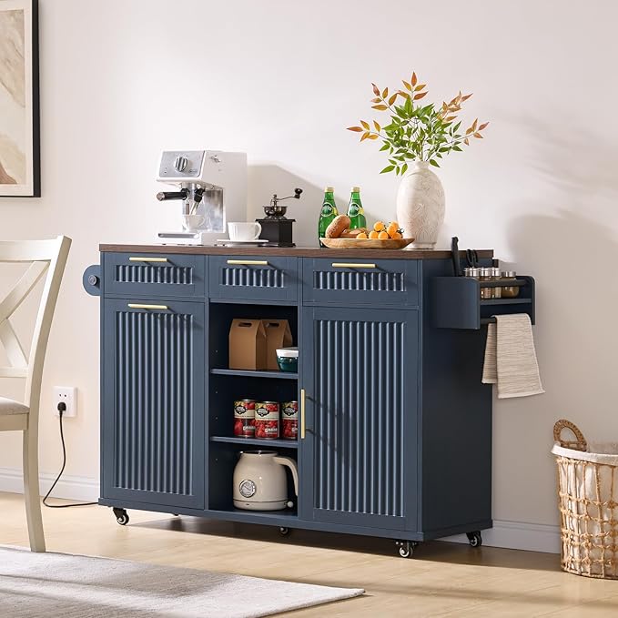 Okvnbjk 57" Kitchen Island with Storage & Drop Leaf — Kitchen Rolling Island with Trash Can Storage Cabinet, Large Mobile Island Cart on Wheels with Power Outlet, Spice & Towel Rack, Navy Blue