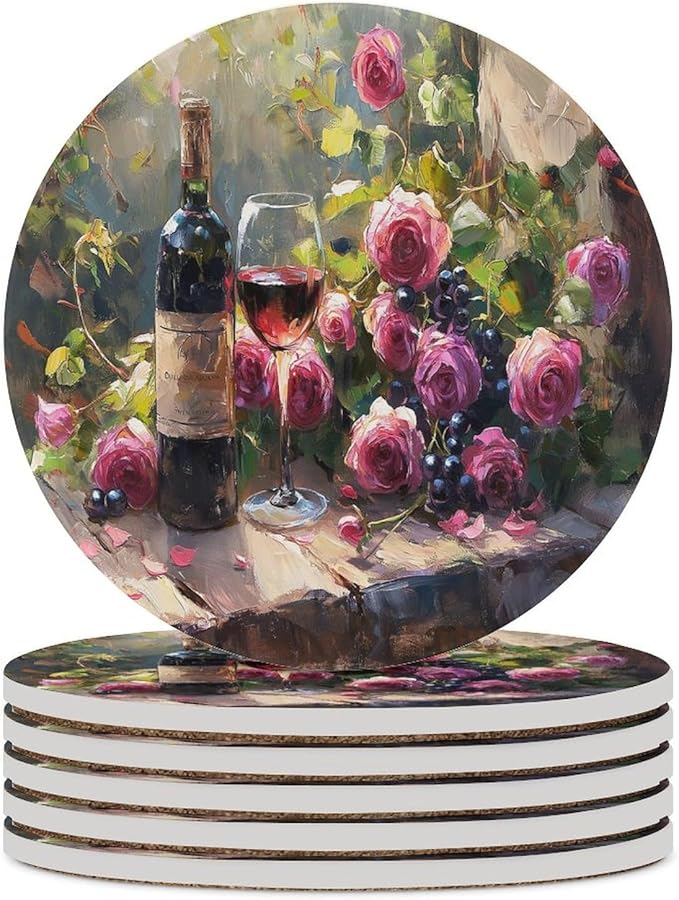Round-6PCS Red Wine Drink Coasters, Round Modern Ceramic Absorbent Coasters, Oil Painting Vintage Red Wine Flower Grapes Rose Floral Decor Desk Coffee Table Coaster for Beverage Cup Tea Coasters