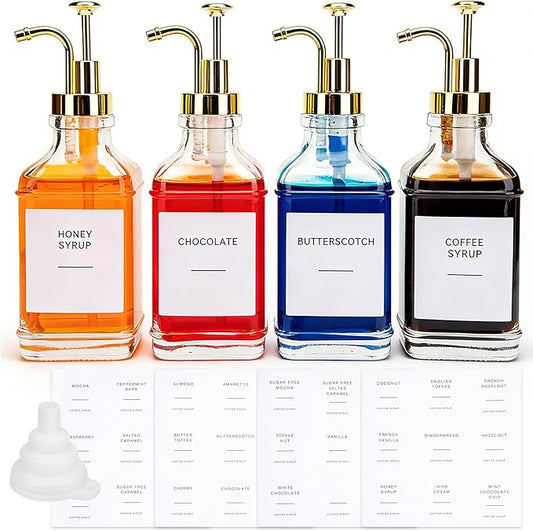 Coffee Syrup Dispenser, Set of 4 Glass Coffee Syrup Bottles 500 ml/16.9 fl oz, Coffee Dispenser with Pump, Includes Funnel and Labels for Coffee Bar (Gold)